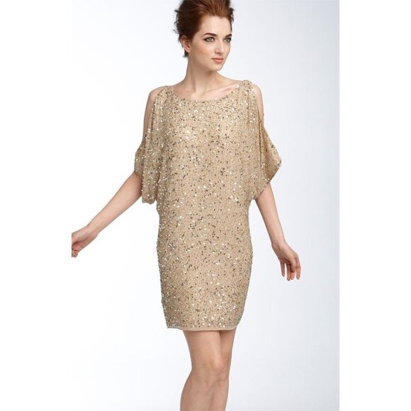 💕AIDAN MATTOX💕 Cold Shoulder Sequin Mini Dress Cocktail Dress Light Gold 6 NWT - Picture 5 of 14